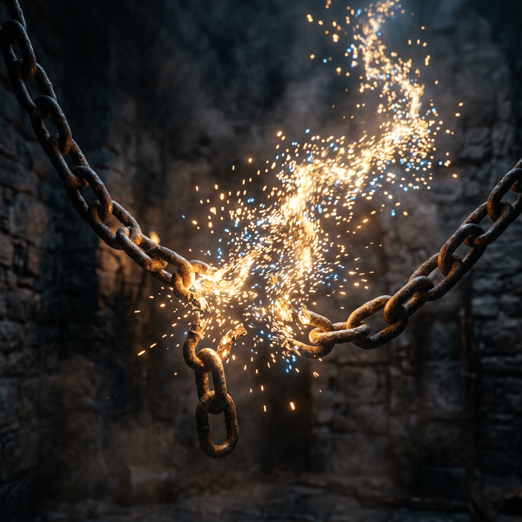 Rusted metal chain breaking with sparks flying in dark environment